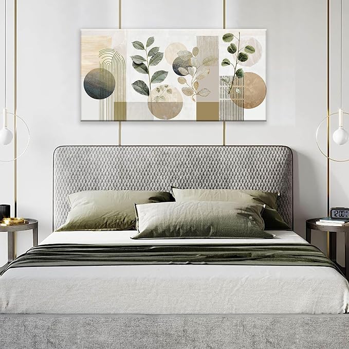 TAIJXAGSG Green Boho Wall Art Minimalist Canvas Wall Art Decor Geometric Line Leaf Beige Green Wall Art Canvas Artwork Print Paintings Abstract Art Botanical Boho Room Office Home Wall Decor 20"X 40"