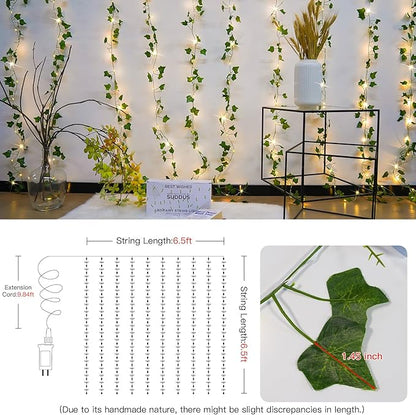 suddus 200 LED Vine with Light Plug in, 6.5ft x 6.5ft Ivy Fairy Curtain Lights with Remote, Leaf Fairy Lights for Wall,Bedroom, Dorm, Wedding, Party, Indoor Decor(Warm White)