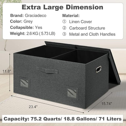75 Quarts Extra Large Decorative Storage Bins with Lids, 3 Packs Dark Gray Collapsible Storage Bins with Lids, Stackable Storage Bins Decorative Box Storage With Lid Extra Large