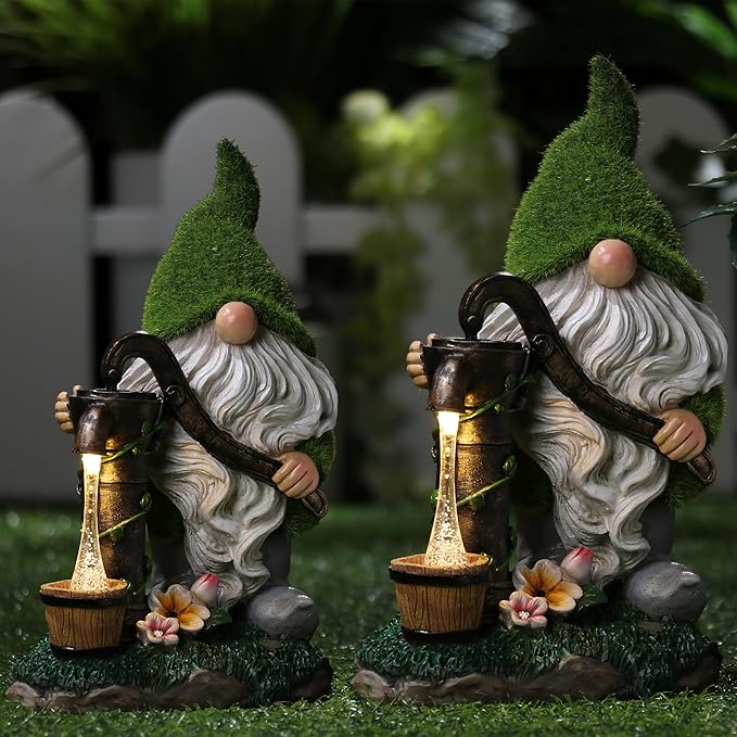 TERESA'S COLLECTIONS Resin Garden Gnomes Decor with Solar Lights, Fathers Gifts, Green Outdoor Decorations for Porch Patio, Gifts for Dad and Mom，Outdoor Garden Decor Ornaments for Outside, 10"