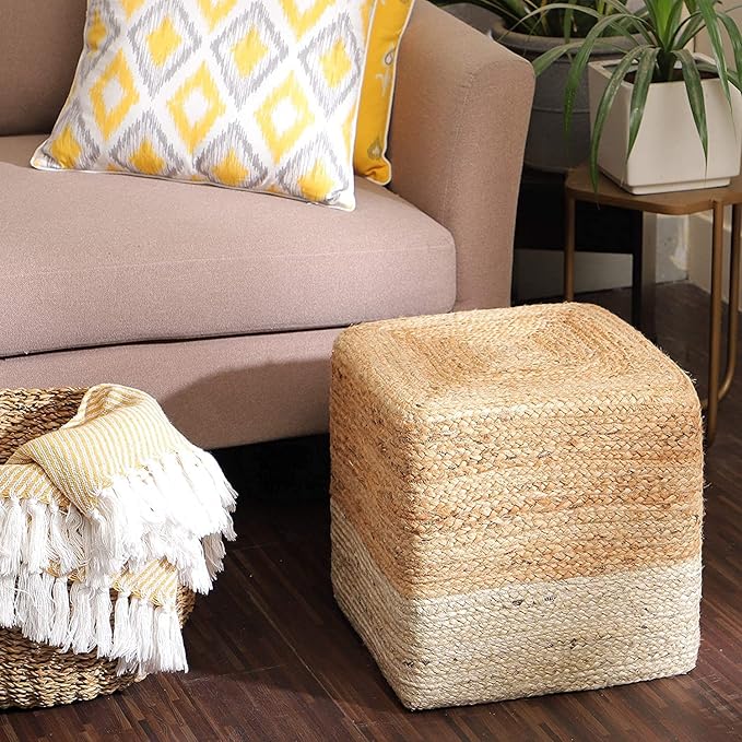 REDEARTH · Cube Pouf Ottoman - Braided Pouffe Accent Sitting Square Footrest for Living Room, Bedroom, Nursery, kidsroom, Patio, Gym; 100% Jute (14.5"x14.5"x16"; Natural Ivory)