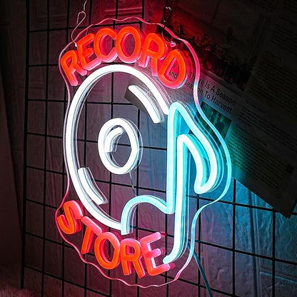 Record Store Neon Sign Music Neon Signs for Wall Decor Letter Neon Light Record Player Sign Live Music Neon Light Sign for Bar Concern Studio Decor(Red white)
