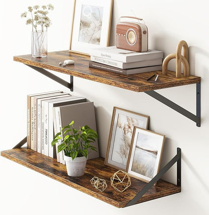 10 Inch Deep Floating Shelves, Floating Shelves 30 Inch Long, Rustic Wood Wall Shelves 30"W x 10"D, Deep Floating Shelf with Bracket, Wide Storage Shelves for Living Room, Bathroom, Rustic Brown