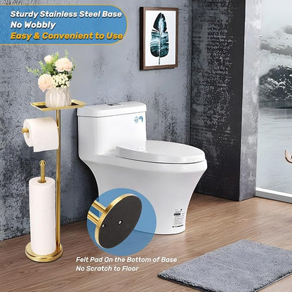 Toilet Paper Holder Stand for Bathroom Floor Freestanding Toilet Roll Dispenser Storages 4 Reserve Rolls, with Top Storage Shelf for Cell Phone (Brushed Gold)