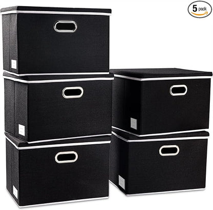 PRANDOM Large Foldable Storage Boxes with Lids [5-Pack] Organizer Containers Baskets Cube with Cover for Home Bedroom Closet Office Black17.7x11.8x11.8 For 6+ Year Old Boys and Girls