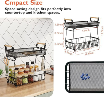 ANTOPY 2 Tier Fruit Basket with 2 Banana Hangers, Countertop Fruit Vegetable Basket Bowl for Kitchen Counter Metal Mesh Basket Fruits Stand Produce Holder Organizer for Onion Potato Bread Snack Veggie