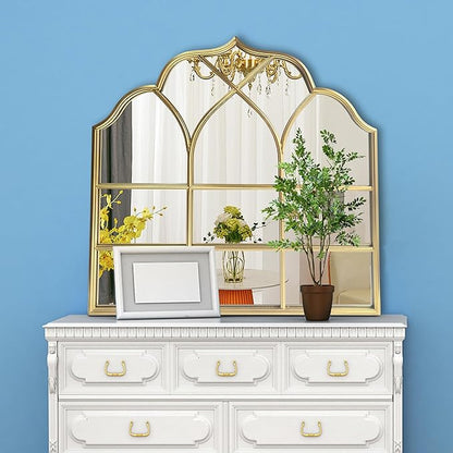 Window Mirror Pane Scalloped, Wide Arched Gold Mirrors Decorative, Cathedral Arch Wall Decor with Metal Windowpane Grid for Mantle Entryway Fireplace Hallway Living Room