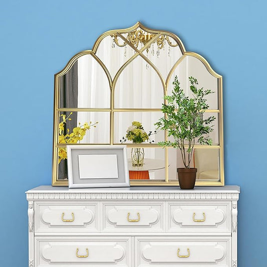 Window Mirror Pane Scalloped, Wide Arched Gold Mirrors Decorative, Cathedral Arch Wall Decor with Metal Windowpane Grid for Mantle Entryway Fireplace Hallway Living Room