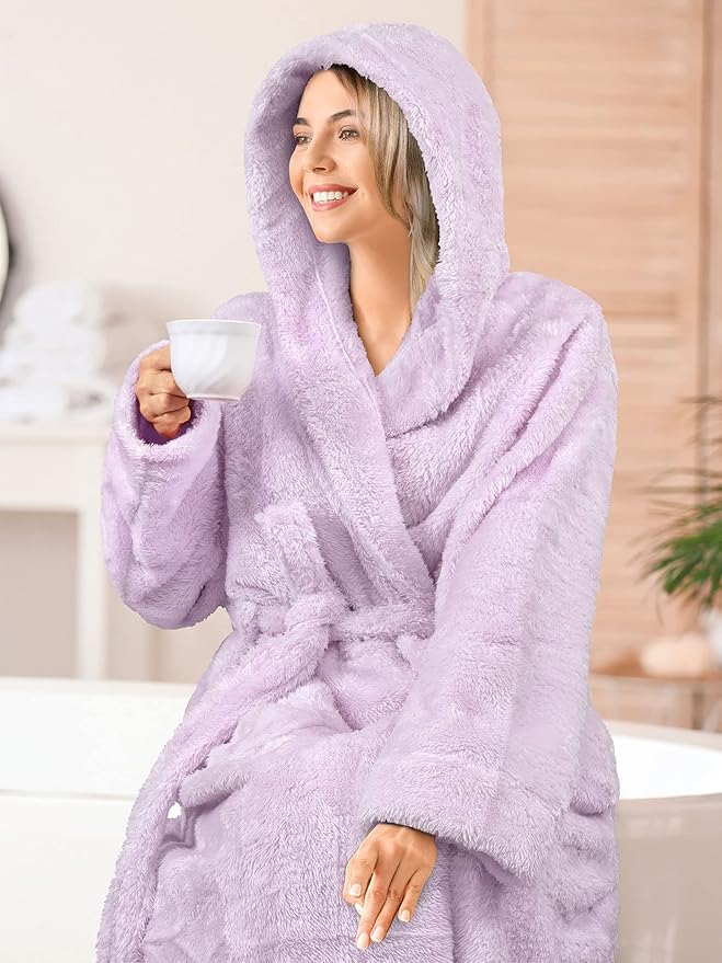 PAVILIA Women Hooded Plush Soft Robe | Fluffy Warm Fleece Sherpa Shaggy Bathrobe