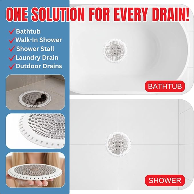 Shower Drain Hair Catcher – Ultra ShowerRing 5" Drain Cover for Flat & Domed Floors | Stainless Steel Hair Trap with Silicone Rim | High-Flow Strainer Prevents Clogs - White