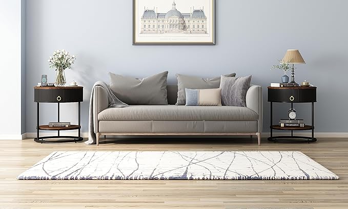 OIOG Round End Table with Drawer, Modern Wood Grain Side Table with Shelf, 2-Tier Nightstand with Drawer for Living Room, Bedroom, Rustic Brown and Black