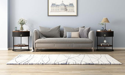 OIOG Round End Table with Drawer, Modern Wood Grain Side Table with Shelf, 2-Tier Nightstand with Drawer for Living Room, Bedroom, Rustic Brown and Black