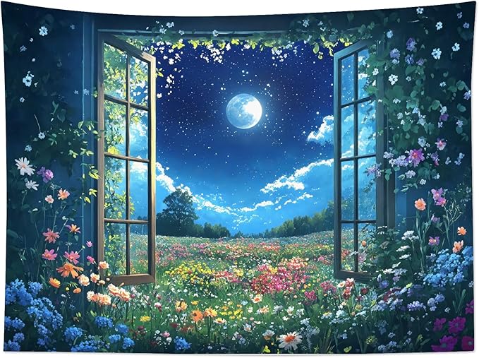 LB Wildflower Moon Tapestry, Window Forest Plant Green Leaf and Garden Colorful Floral Wall Tapestry for Bedroom, Night Sky Wall Art for Living Room Dorm Home Decor Ready to Hanging, 48 x 36 Inches