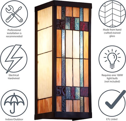 RIVER OF GOODS Art Deco Stained Glass Outdoor Light Fixture - Large Exterior Outdoor Wall Lights for House, Patio, Porch, Garage - Wall Mount Lighting Fixtures - 16.25" H - Faye