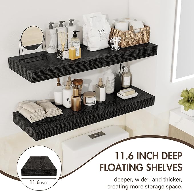 24 Inch Floating Shelves, 12" Deep Floating Shelf Wall Mounted, 24" Wall Shelves, Rustic Deep Bookshelf, Extra Deeper & Thicker Display Shelves for Bedroom, Living Room, Black, Set of 2