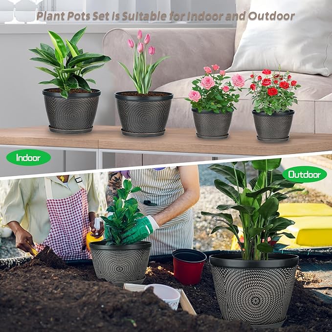 Quarut 12 Inch 4 Pack Large Plant Pots, Plastic Flower Pot for Indoor & Outdoor with Drainage Holes & Saucer, Circle Pattern Planters Garden Pots for Herbs