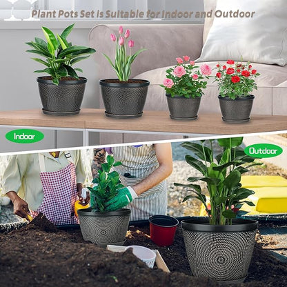 Quarut 15 Inch 4 Pack Large Plant Pots, Plastic Flower Pot for Indoor & Outdoor with Drainage Holes & Saucer, Circle Pattern Planters Garden Pots for Herbs