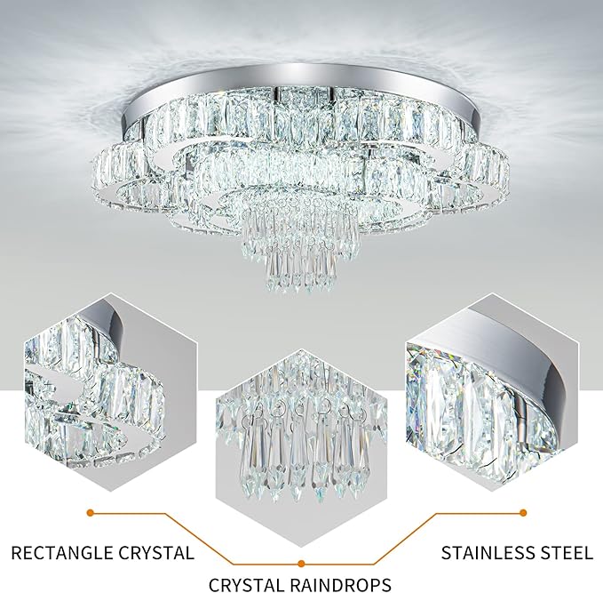 21 Inch Crystal Chandeliers with Remote Control LED Chandelier Modern Mount Flush Mount Chandelier Ceiling Light Fixtures for Bedroom Living Room Dining Room(Dimmable)