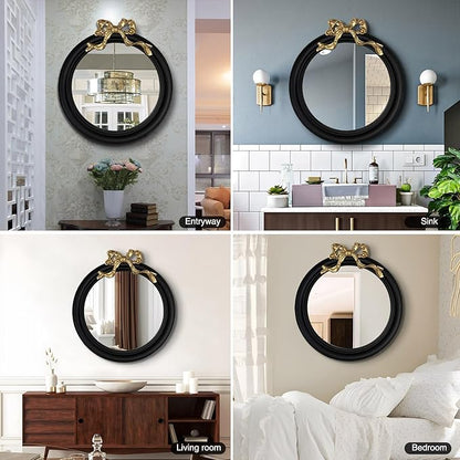 25x25 inch Bow Antique Round Mirror for Wall, Gold & Black Decorative Wall-Mounted Circle Mirror, Perfect for Bedroom, Hallway, Living Room Décor, and Bathroom Vanity