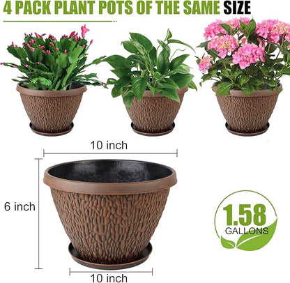 4 Pack 10 Inch Plant Pot, Flower Pots Outdoor with Drainage Hole & Tray, Thickened Plastic Planters for Indoor Outdoor Plants, Lightweight Modern Decorative Garden Pot with Saucer