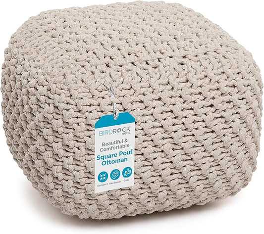BIRDROCK HOME Square Pouf Ottoman | Cotton Braided Foot Stool with Bean Bag Filling | Boho Foot Rest for Living Room, Bedroom | Compact & Comfortable Seating, Lightweight & Sturdy | Natural