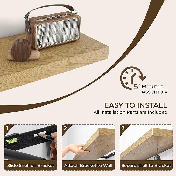 RICHFOCUS 40Inch Floating Shelves for Wall 2 Pack Shelves for Bedroom|Kitchen|Bathroom Wall Mounted Rustic Wood Floating Shelf with Invisible Brackets for Books|Storage|Decor, Oak