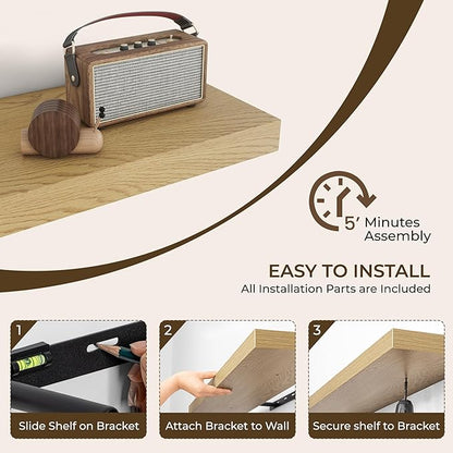 RICHFOCUS 16Inch Floating Shelves for Wall 2 Pack Shelves for Bedroom|Kitchen|Bathroom Wall Mounted Rustic Wood Floating Shelf with Invisible Brackets for Books|Storage|Decor, Oak