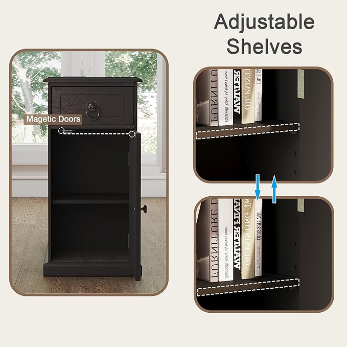 ChooChoo Farmhouse XXL End Table with Charging Station，Narrow Sofa Side Table with Adjustale Shelf, 3 Tier Rustic Night Stand for Small Place Living Room, Charcoal Black