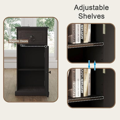 ChooChoo Farmhouse XXL End Table with Charging Station，Narrow Sofa Side Table with Adjustale Shelf, 3 Tier Rustic Night Stand for Small Place Living Room, Charcoal Black