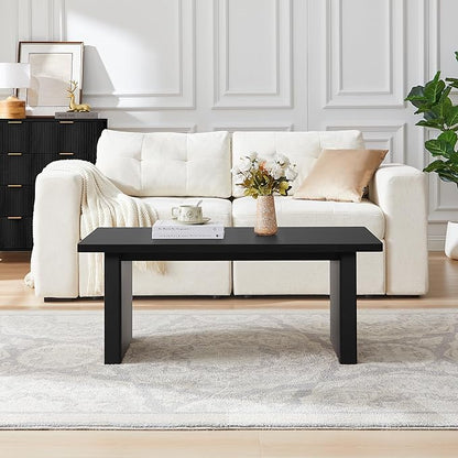 Rectangular Fluted Coffee Table, Farmhouse Wood Coffee Table Mid Century Modern Center Table Boho Living Room Tables for Living Room Office (Black, 19.69" D x 43.3" W x 17.72" H)