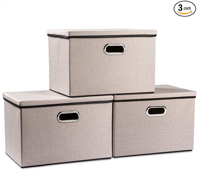 PRANDOM Large Foldable Storage Bins with Lids [3-Pack] linenFabric Decorative Storage Boxes Organizer Containers Baskets Cube with Handles Divider for Bedroom Closet Office Light Grey(17.7x11.8x11.8)