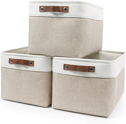 Storage Bins Large Fabric Storage Baskets for Shelves 3 Pack, Decorative Linen Closet Baskets with Handles for Organizing, Shelf, Clothes, Home, Office, 15x11x9.5Inches (Beige&White)