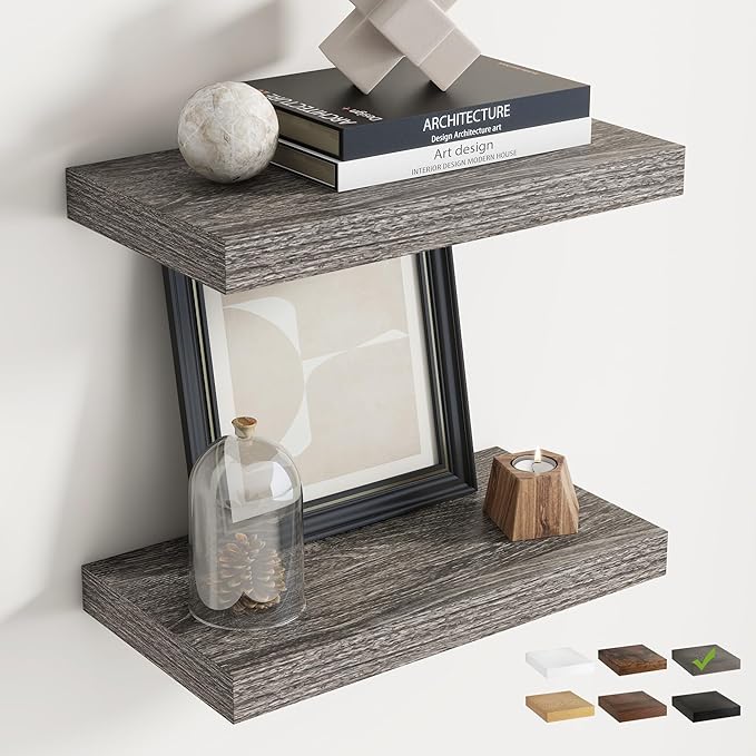16 Inch Floating Shelves for Wall Set of 2, 8"D Wood Grain Bathroom Shelves with Invisible Brackets, Easy Install Engineered Wood Storage Shelves for Kitchen, Living Room, Bedroom, Grey Oak Finish