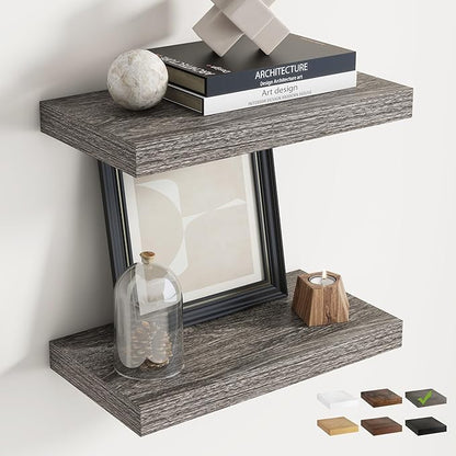 16 Inch Floating Shelves for Wall Set of 2, 8"D Wood Grain Bathroom Shelves with Invisible Brackets, Easy Install Engineered Wood Storage Shelves for Kitchen, Living Room, Bedroom, Grey Oak Finish