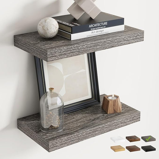 16 Inch Floating Shelves for Wall Set of 2, 8"D Wood Grain Bathroom Shelves with Invisible Brackets, Easy Install Engineered Wood Storage Shelves for Kitchen, Living Room, Bedroom, Grey Oak Finish
