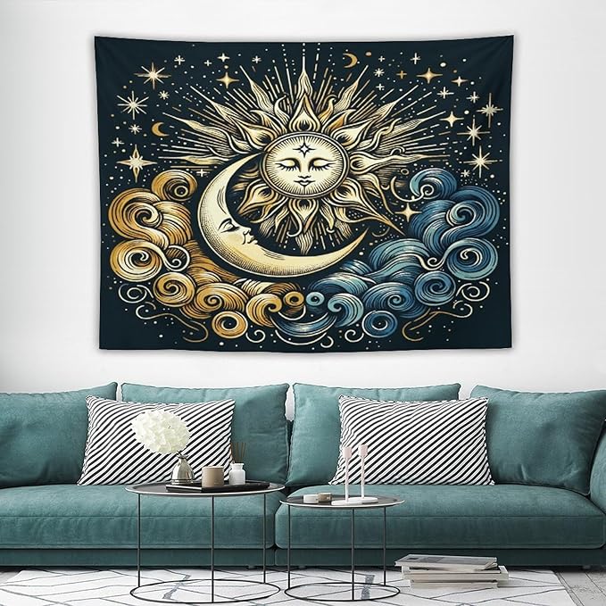 HZOHNAGO Sun Moon Tapestry Boho Golden Stars Pattern Printed Wall Tapestry Wall Hanging for Bedroom Living Room Dorm 80" W x 60" H