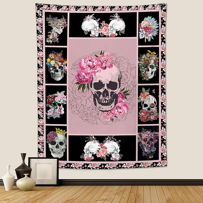 yowecso Sugar Skull Tapestry Horror Skeleton Tapestry Wall Hanging for Bedroom Rose Skull Tapestries Aesthetic Wall Decor for Home Dorm Living Room 50"x60"