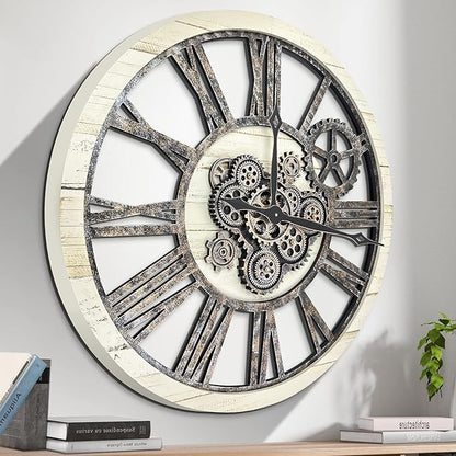 HOIBAI Large Wall Clock, Wall Clocks for Living Room Decor 30 Inch Farmhouse Vintage Rustic Kitchen Wall Decor Vintage Roman Oversized Wall Clock for Home Bedroom House, Moving Gears Clock