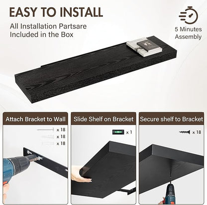 48 Inch Floating Shelves, 12" Deep Floating Shelf Wall Mounted, 48" Wall Shelves, Rustic Deep Bookshelf, Extra Deeper & Thicker Display Shelves for Bedroom, Living Room, Black, Set of 2