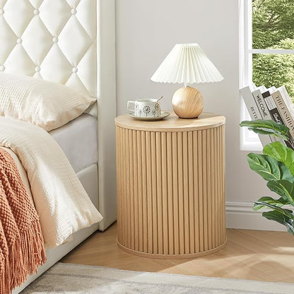AVZEAR Small Round Side Table Fluted Night Stand Set of 2, Modern Boho End Table with Storage, Circle Bedside Tables Wood Nightstands for Small Spaces, Living Room, Bedroom (Nature)