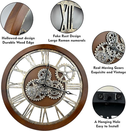 The B-Style Large Wall Clock 24 inch Moving Gear Wall Clock Oversized Vintage Farmhouse Wall Clocks for Living Room Decor Rustic Industrial Wood Clock (Drak Brown and Bronze)