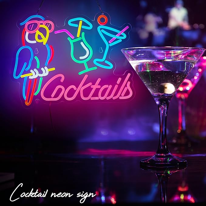 Parrot Cocktail Neon Sign for Wall Decor Bar LED Light Beer Wine Alcohol Man Cave Garage USB Powered Dimmable Art Signs