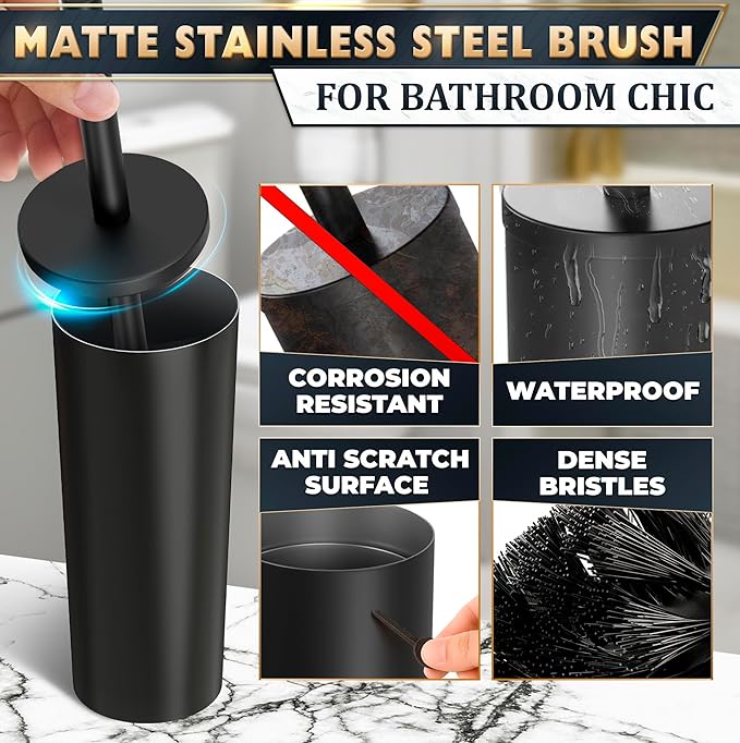 Black Toilet Brush and Holder Set - Scratch Resistant Black Toilet Bowl Brush and Holder with Soft Bristles Replaceable Head, Protection from Splashes, and Compact Design - for Effective Cleaning
