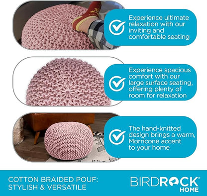 BIRDROCK HOME Round Pouf Ottoman | Cotton Braided Foot Stool with Bean Bag Filling | Boho Foot Rest for Living Room & Bedroom | Compact & Comfortable Seating, Lightweight & Soft | Dusty Rose