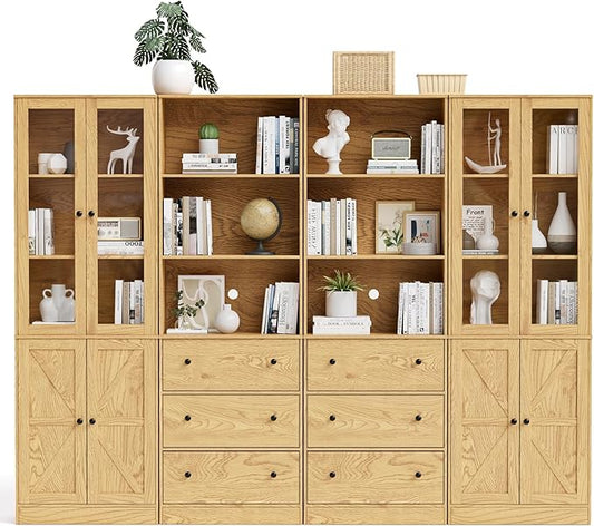 71" Tall Bookshelves Set of 4, 2 Bookcases with Drawers & 2 Bookshelves with Doors, Wooden Bookshelves Floor Standing Display Storage Shelves Home Decor Furniture for Home Office, Living Room