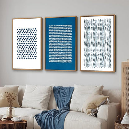 Tinonedraw Navy Blue and White Framed Canvas Wall Art Set, Minimalist Geometric Wall Decor, Neutral Abstract Artwork, Cozy Contemporary Art Prints for Bedroom Living Room Office Above Bed 24"x36"x3