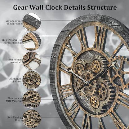 HOIBAI Large Wall Clock, Wall Clocks for Living Room Decor 20 Inch Farmhouse Vintage Rustic Kitchen Wall Decor Vintage Roman Oversized Wall Clock for Home Bedroom House Office, Moving Gears Clock