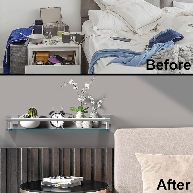 20 Inches Glass Shelf for Bathroom, Brushed Nickel Glass Shelves for Wall with Smooth Stainless Steel Railing, Modern Tempered Glass Organizer Shelf