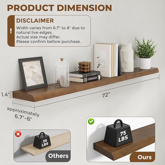 RICHFOCUS Live Edge Wood Floating Shelves 72" Natural Solid Wood Wall Mounted Shelf|Extra Long Floating Shelves for Wall with Invisible Bracket for Bathroom Kitchen Room|1Pcs, Walnut