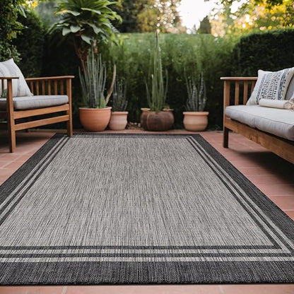 Bordered Outdoor Rug 10x14 Washable Outside Carpet for Indoor Patio Porch Waterproof Easy Cleaning Non Shedding Area Rugs Dark Gray 10 x 14